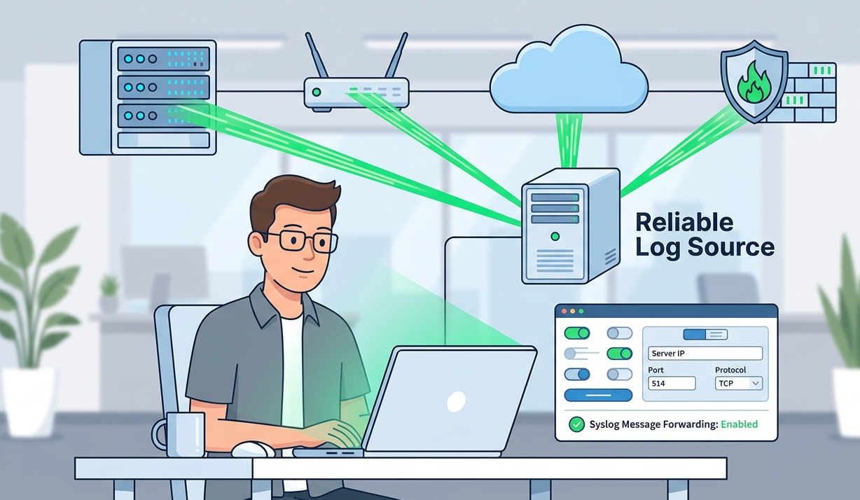 Network admin at a laptop configuring devices send syslog messages to create a reliable log source for monitoring. 