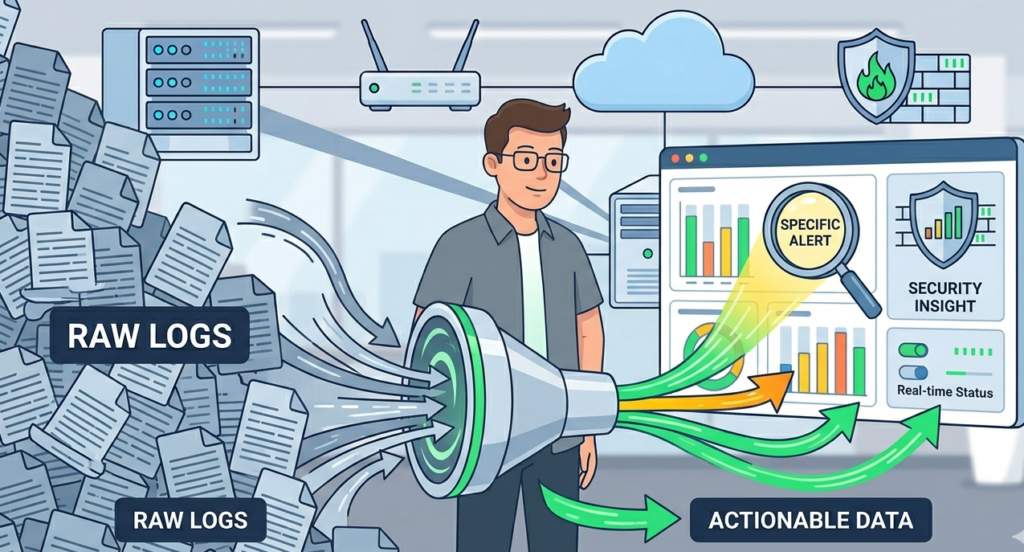 2D illustration of configuring devices send syslog messages showing data moving from a device to a central server. 