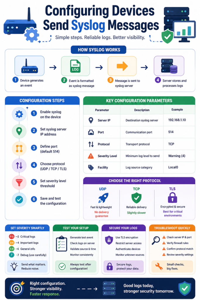 Infographic on configuring devices send syslog messages with setup steps, parameters, and protocol comparisons. 