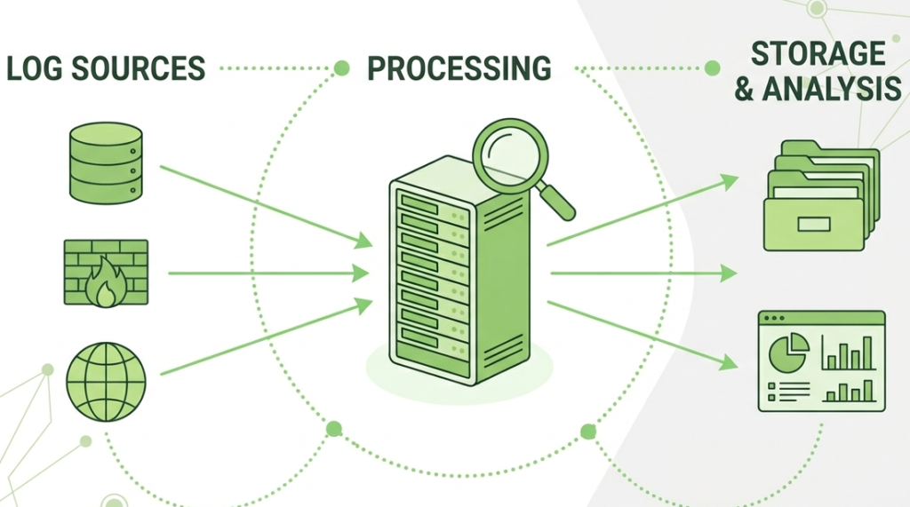 2D vector illustration of devices sending data to a rack while setting up central syslog server.
