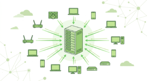 Diagram workflow for setting up central syslog server showing devices, log messages, and analysis. 