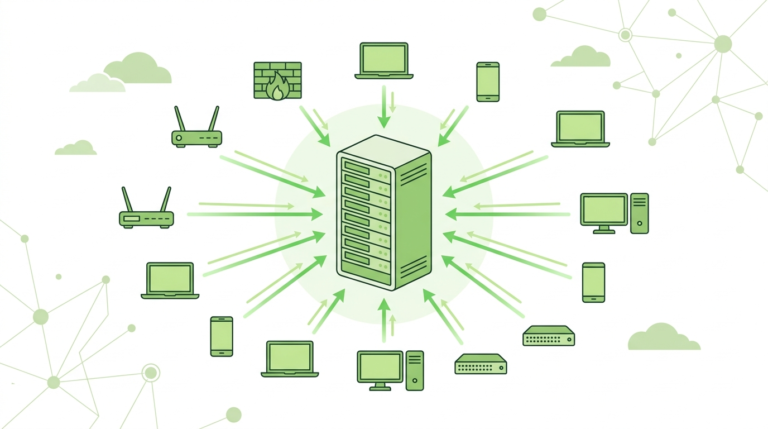 Diagram workflow for setting up central syslog server showing devices, log messages, and analysis. 