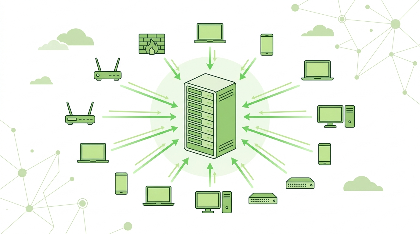 Diagram workflow for setting up central syslog server showing devices, log messages, and analysis. 