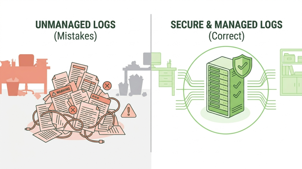 Comparison of unmanaged messy logs vs secure and managed logs when setting up central syslog server.