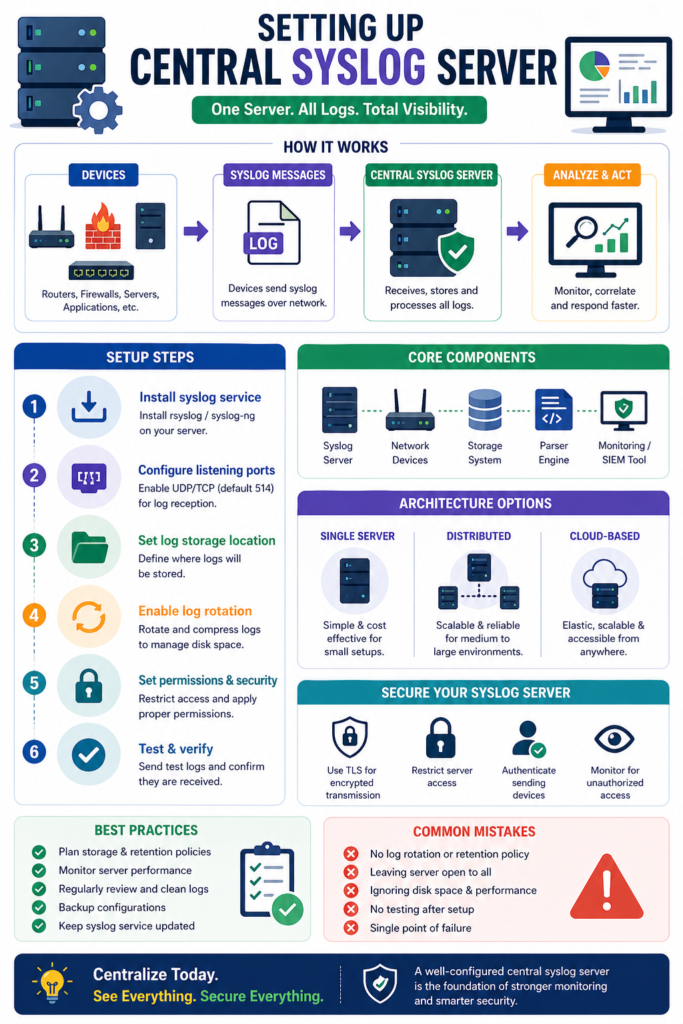 Technical infographic of log sources, processing, and storage during setting up central syslog server.