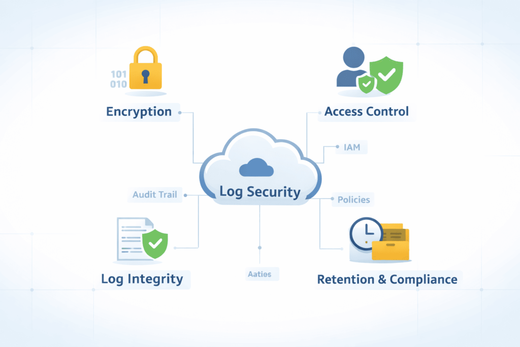 Diagram showing securing cloud storage logs through encryption, access control, log integrity, and retention compliance.
