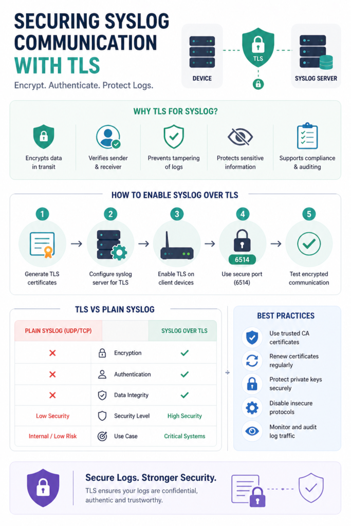 Infographic showing benefits and setup steps for securing syslog communication tls including encryption and port 6514. 