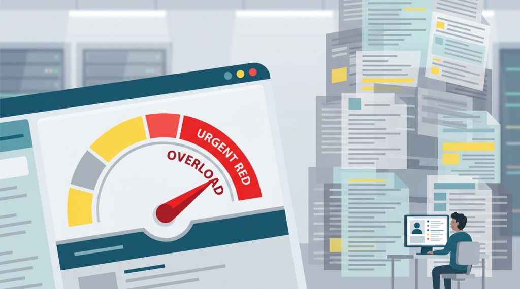 A dashboard showing overload alerts due to challenges managing syslog data volume in a technical environment.
