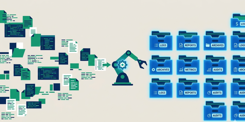 Vector art of a robotic arm sorting logs to solve challenges managing syslog data volume and organization.