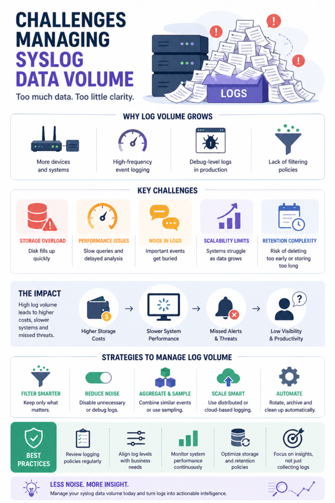 Infographic showing the impact and strategies for challenges managing syslog data volume in IT systems.