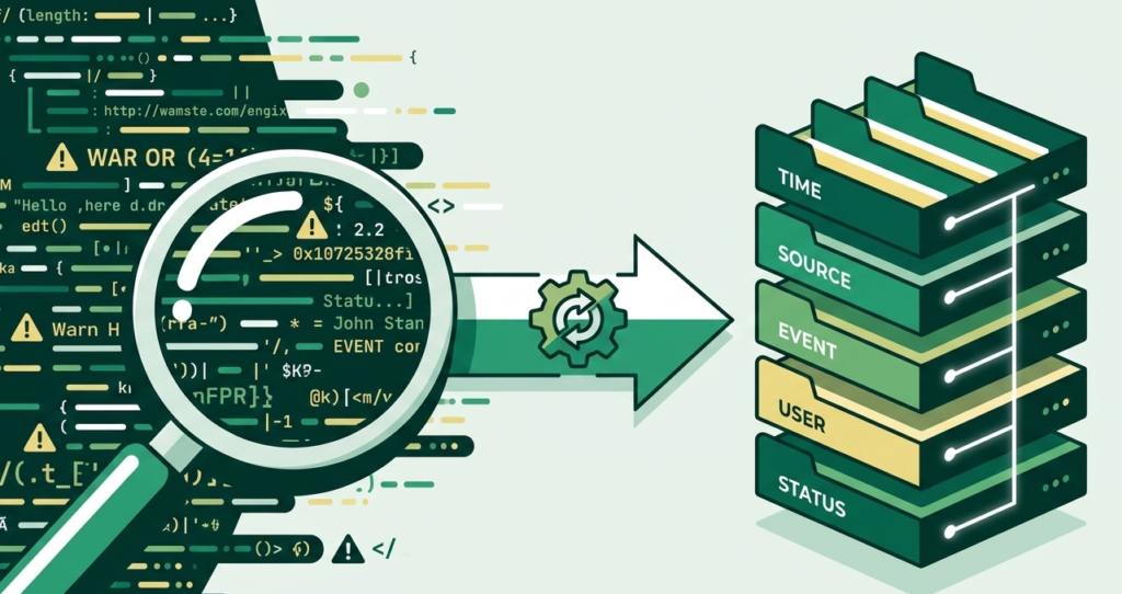 Illustration of a magnifying glass and gear transforming raw logs while parsing unstructured syslog messages.