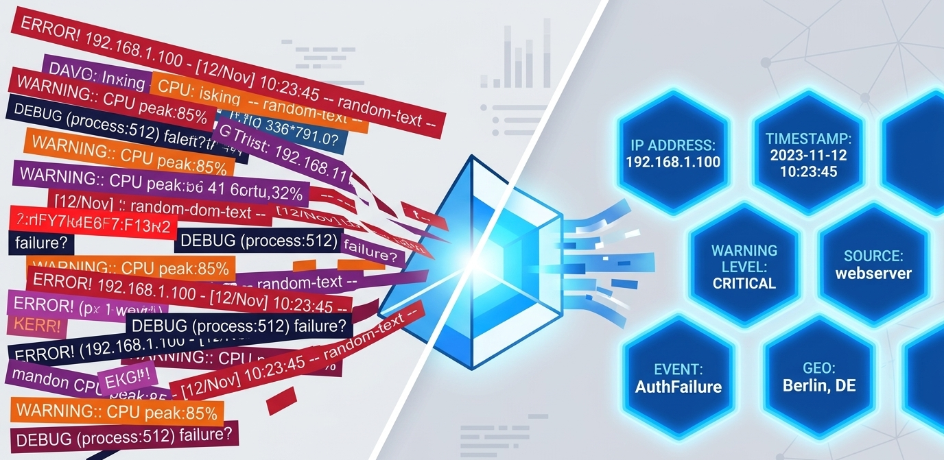 Conceptual art of a data prism converting chaotic text into order by parsing unstructured syslog messages. 