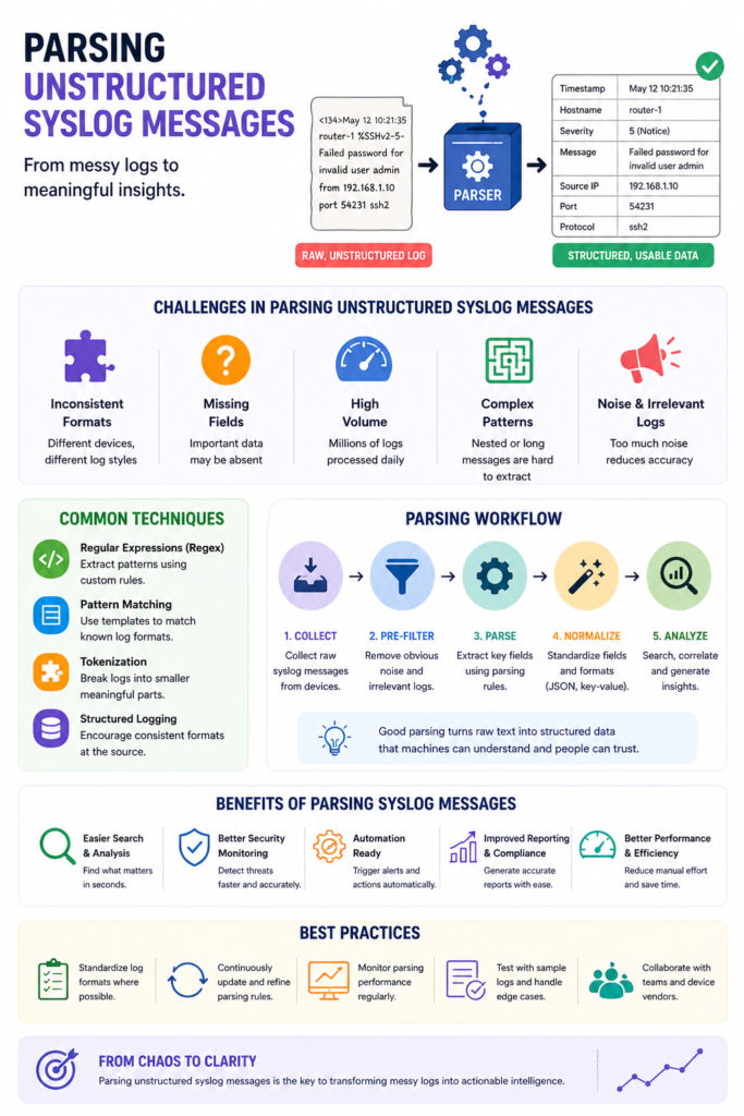 Infographic explaining the workflow and benefits of parsing unstructured syslog messages for data clarity.