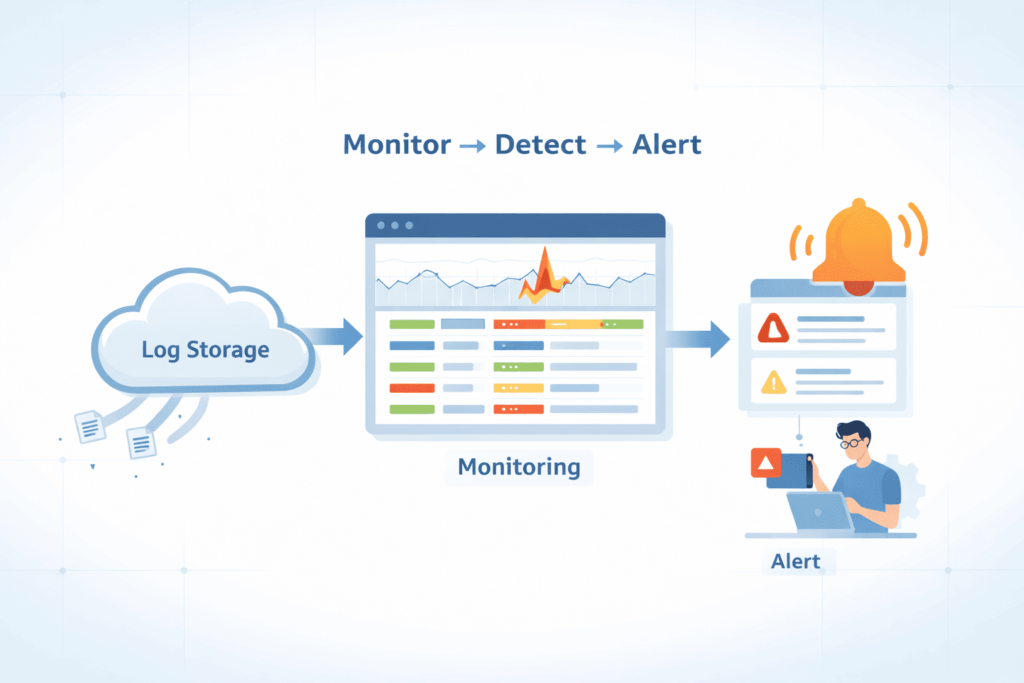 Securing cloud storage logs with a monitor, detect, and alert workflow using a real-time monitoring dashboard.