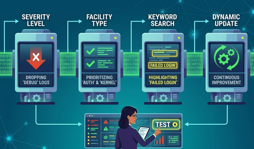 A technical flowchart illustrating how filtering syslog messages effectively uses severity, facility, and keyword stages.