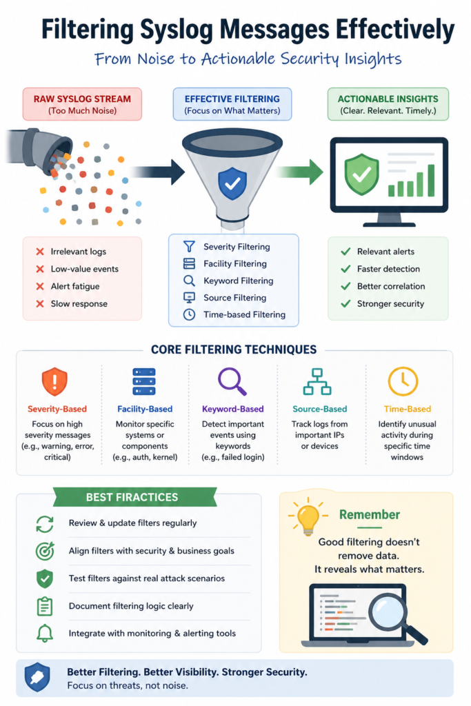 Infographic showing techniques for filtering syslog messages effectively to turn raw data into actionable security insights.