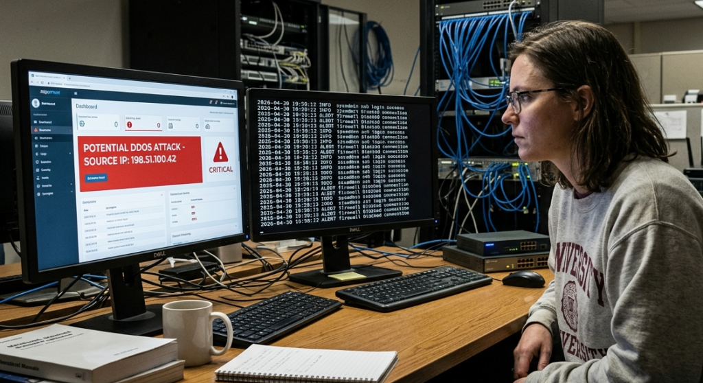 IT admin monitoring threat detection on a high availability syslog setup during a potential DDoS attack.