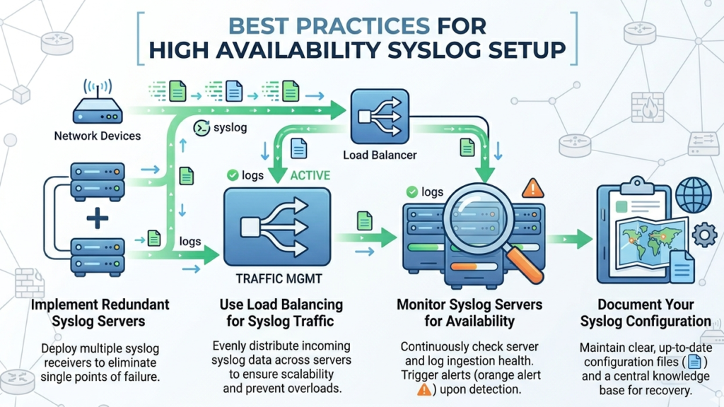 Best practices for high availability syslog setup including load balancing and redundant server implementation.