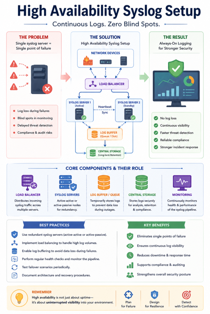 Infographic of a high availability syslog setup with components like log buffers and central storage systems.