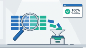 Vector art of a magnifying glass and data funnel, focused on storing syslog data efficiently for 100% visibility. 