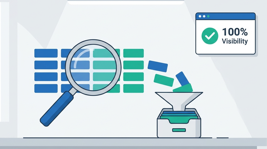 Vector art of a magnifying glass and data funnel, focused on storing syslog data efficiently for 100% visibility. 