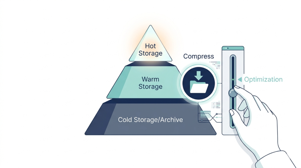 A storage pyramid showing hot, warm, and cold layers for storing syslog data efficiently via tiering. 