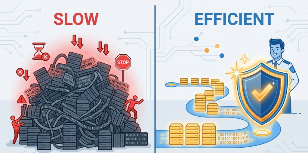 Split-screen showing slow vs. efficient methods for storing syslog data efficiently to improve security. 