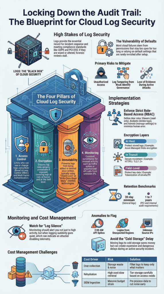 Infographic illustrating securing cloud storage logs with four pillars: access control, encryption, immutability, and monitoring.