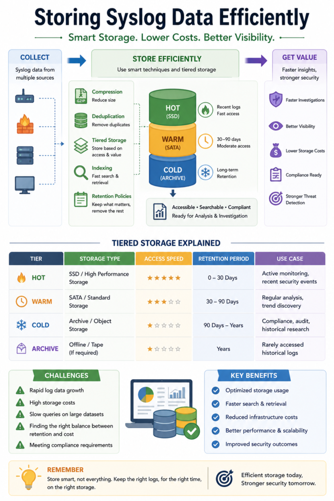 Infographic on storing syslog data efficiently using tiered storage, compression, and smart retention policies. 