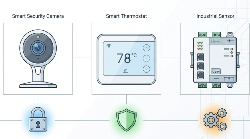 Minimalist vector of IoT devices and security icons for analyzing IoT device telemetry data best practices.