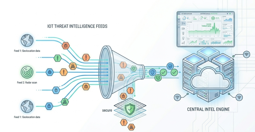 Vector showing a central engine analyzing IoT device telemetry data from global threat intelligence feeds.