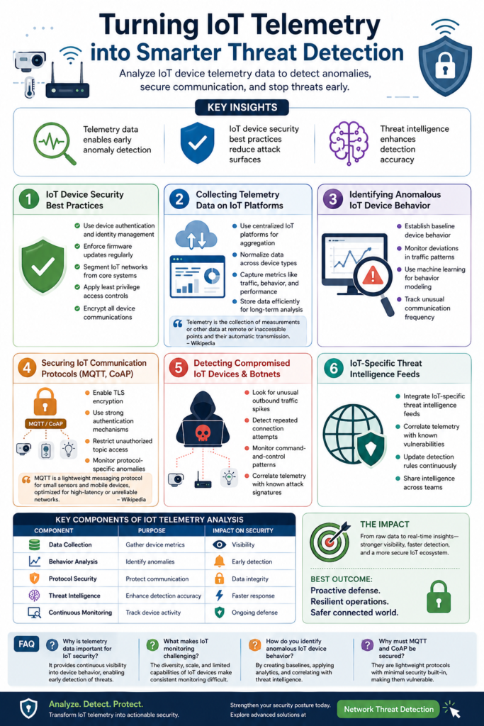 Infographic for analyzing IoT device telemetry data to detect anomalies and secure communications.
