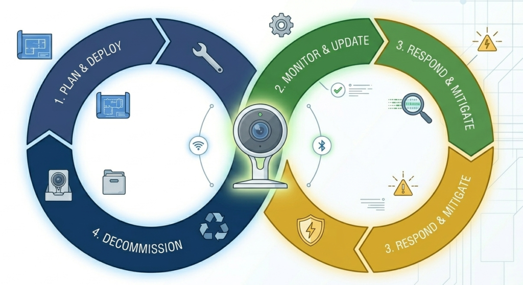Four-stage lifecycle diagram highlighting continuous IoT device security best practices for deployments. 