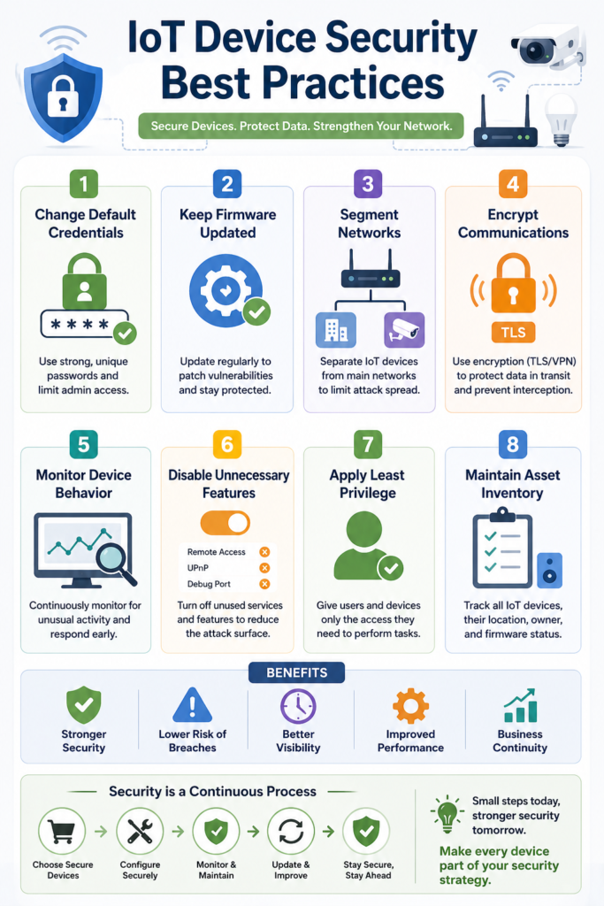 Comprehensive guide for applying IoT device security best practices across 8 key areas. 