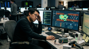 An IT analyst facing security challenges monitoring IoT devices with real-time network anomaly alerts on screen. 