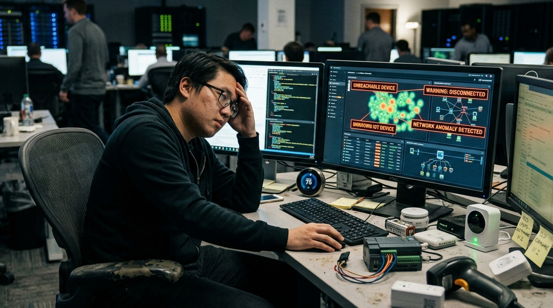 An IT analyst facing security challenges monitoring IoT devices with real-time network anomaly alerts on screen. 