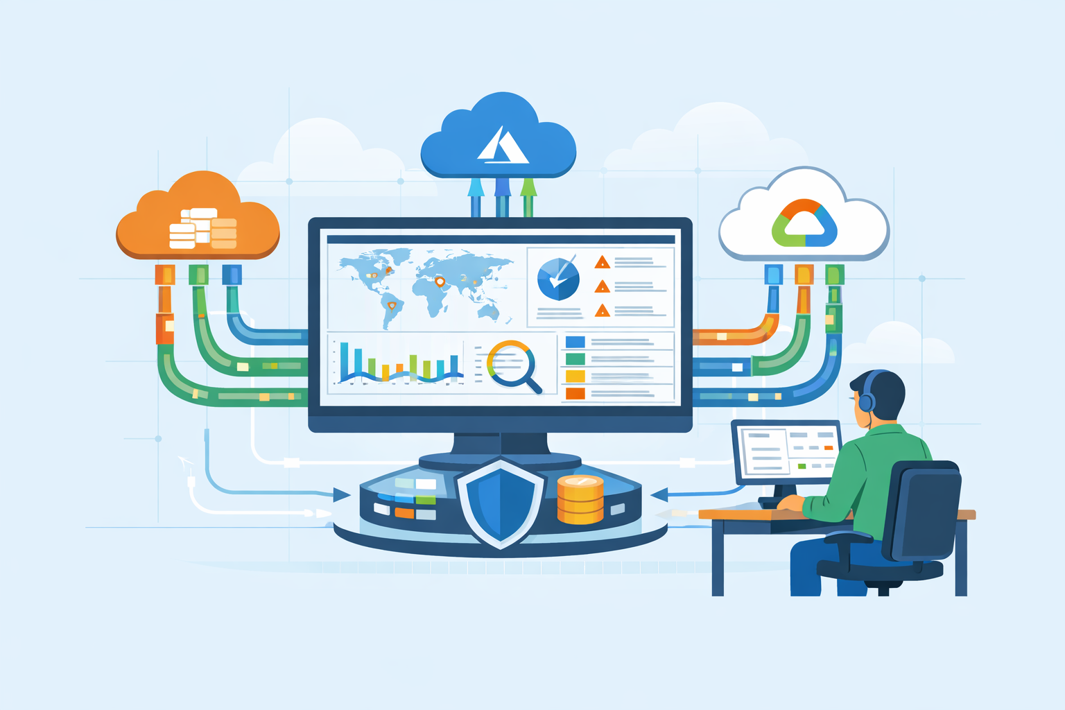 centralizing cloud logs siem showing cloud pipelines feeding logs into one monitoring system