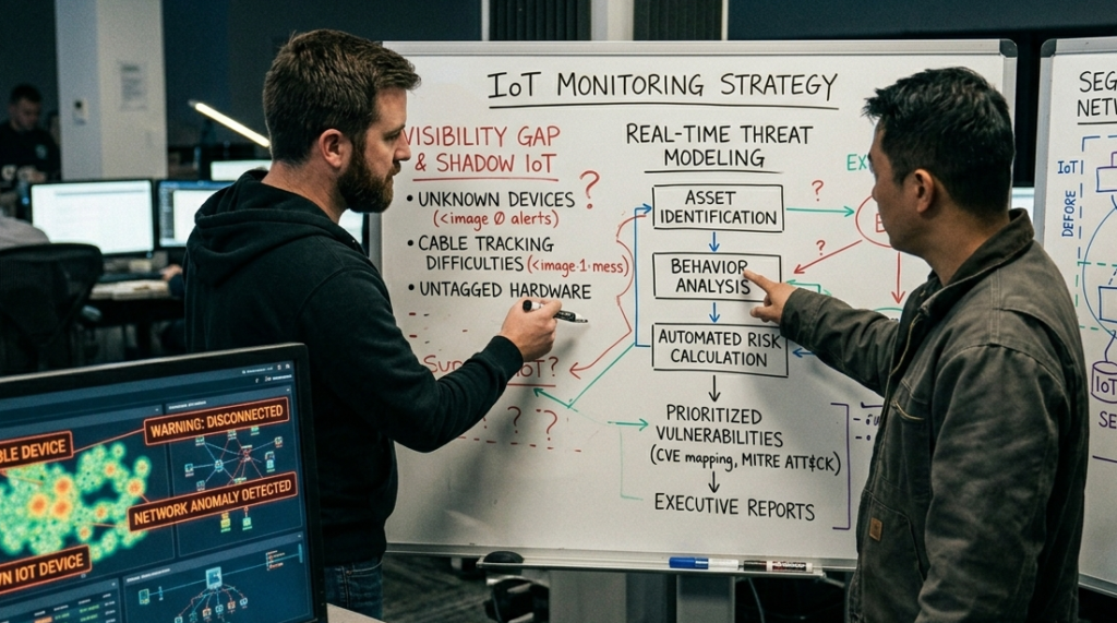 Two specialists addressing security challenges monitoring IoT devices by mapping threat models on a whiteboard.