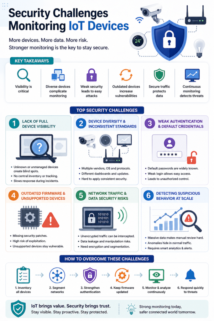 Infographic on security challenges monitoring IoT devices, highlighting visibility, diversity, and weak authentication.