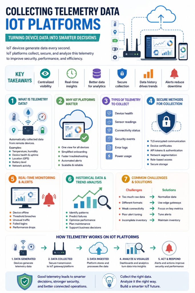 Diagram on collecting telemetry data with IoT platforms to transform device data into smarter decisions.