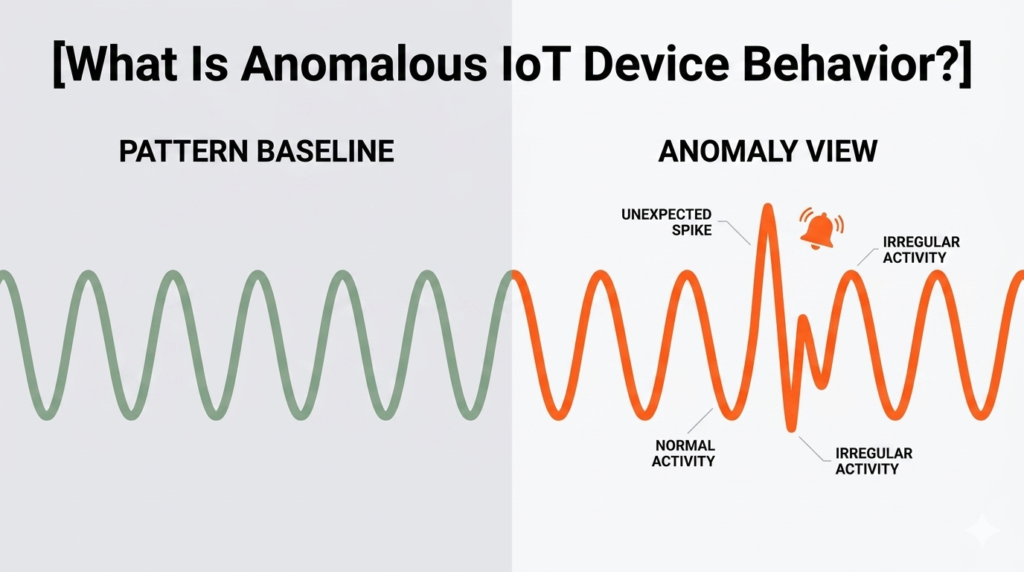 Split-screen diagram for identifying anomalous iot device behavior by comparing pattern baselines to anomalies. 
