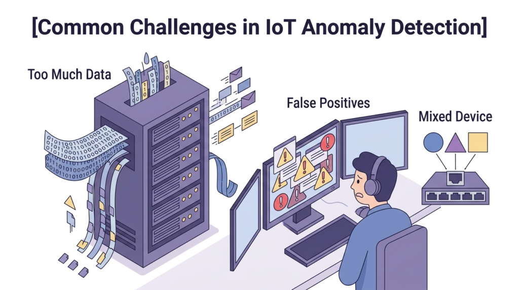 Vector illustration for identifying anomalous iot device behavior using a control center to detect threats. 