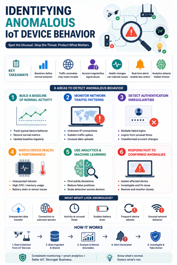 Infographic on identifying anomalous iot device behavior to spot unusual patterns and stop cyber threats. 