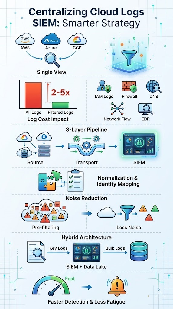 centralizing cloud logs siem infographic explaining log flow, normalization, and cost optimization