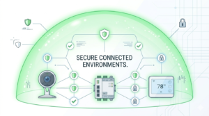 Secure network dome illustration demonstrating active IoT device security best practices in a connected environment. 