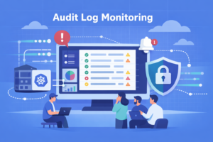 kubernetes audit log monitoring dashboard with engineers reviewing logs alerts and security insights