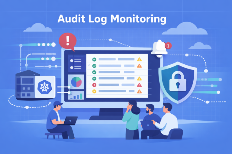 kubernetes audit log monitoring dashboard with engineers reviewing logs alerts and security insights