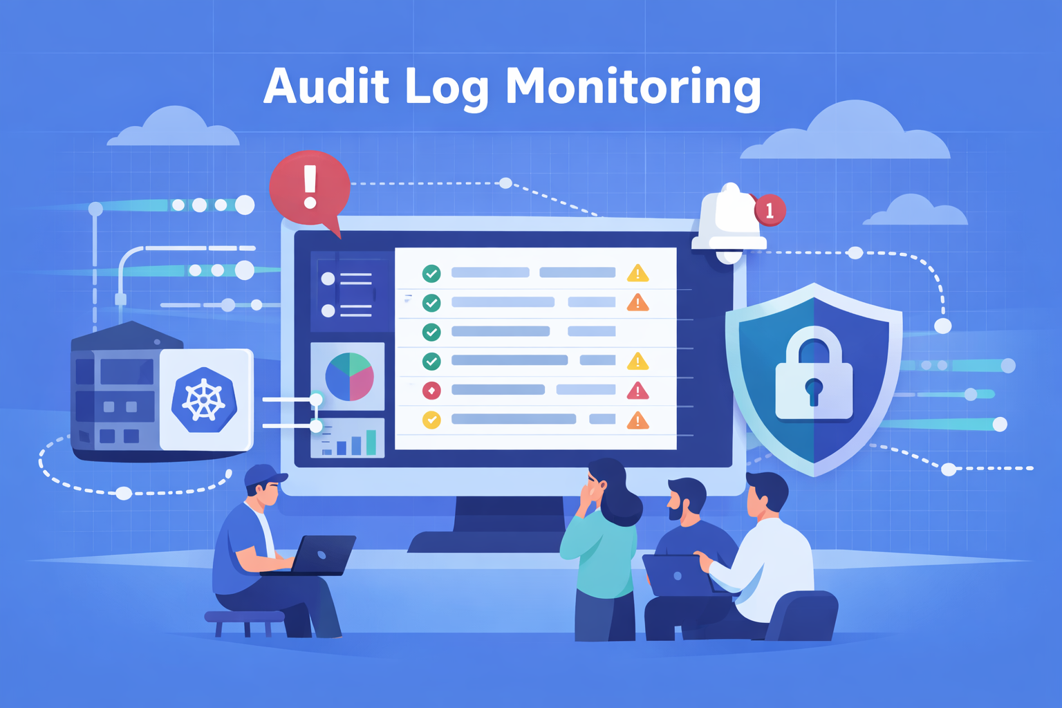 kubernetes audit log monitoring dashboard with engineers reviewing logs alerts and security insights
