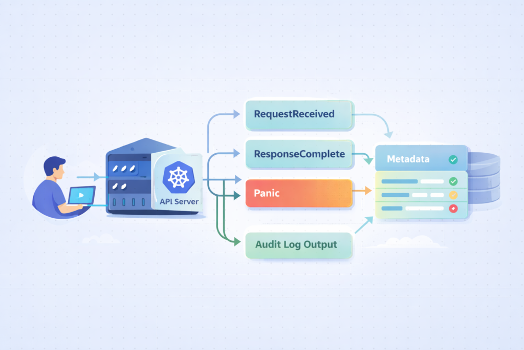 kubernetes audit log monitoring flow diagram showing api server stages and audit log output process
