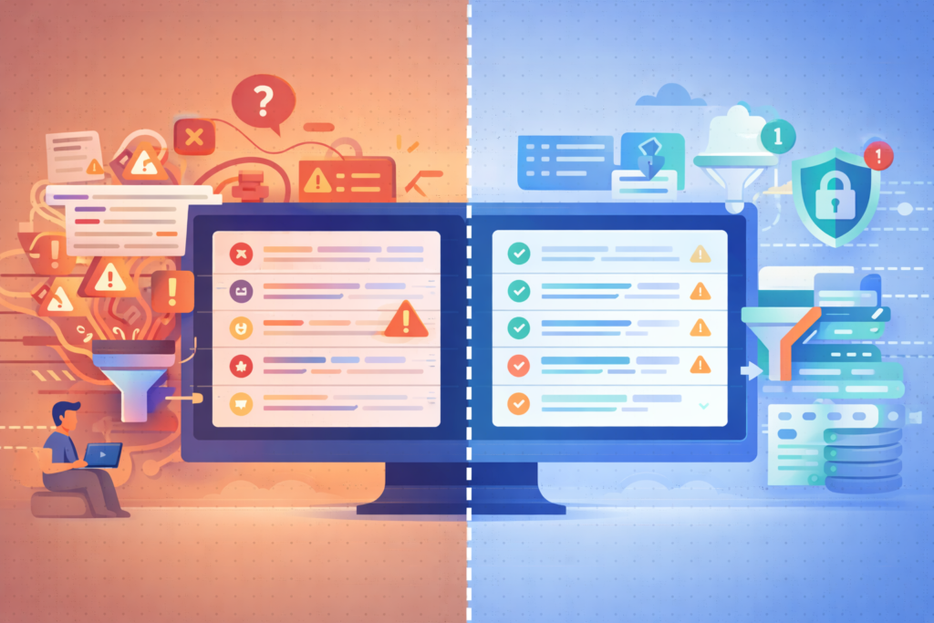 kubernetes audit log monitoring comparing cluttered logs with optimized filtered monitoring view